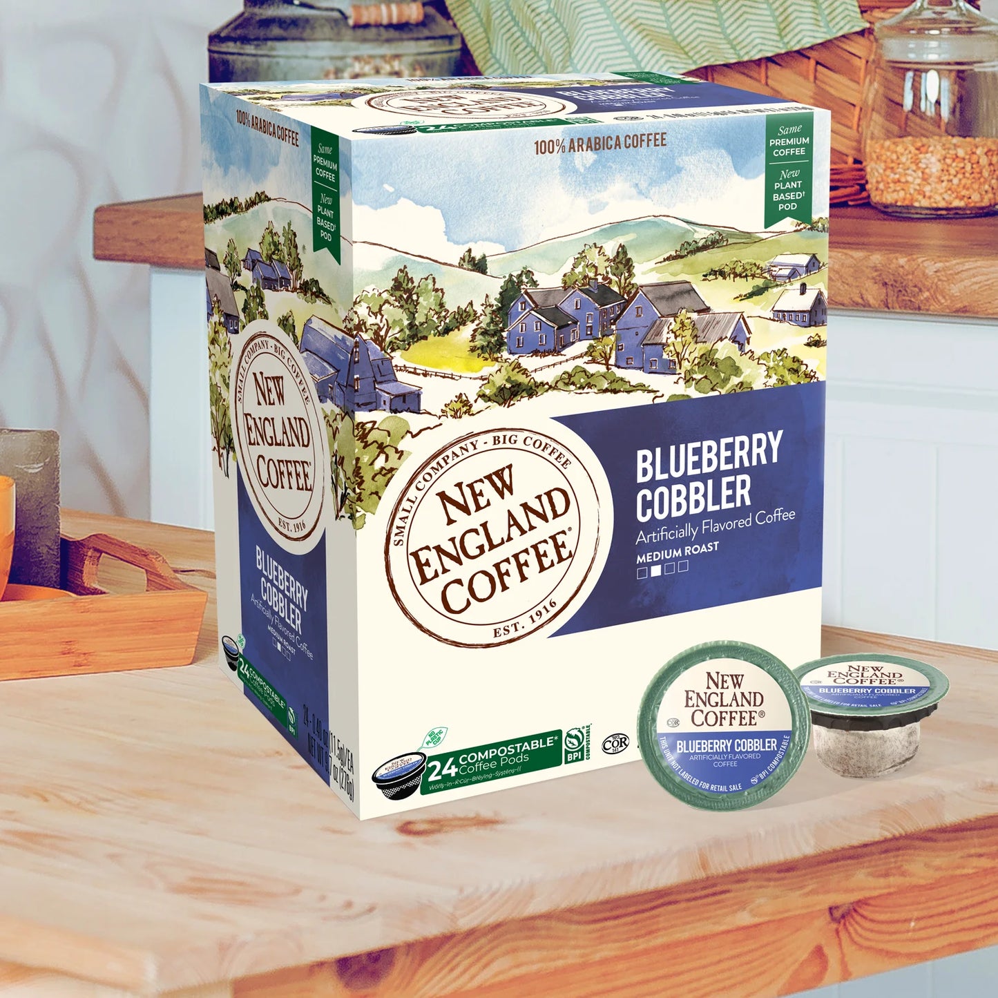 (4 Pack) Blueberry Cobbler, Medium Roast, Single Serve Pods, 24 Count Box